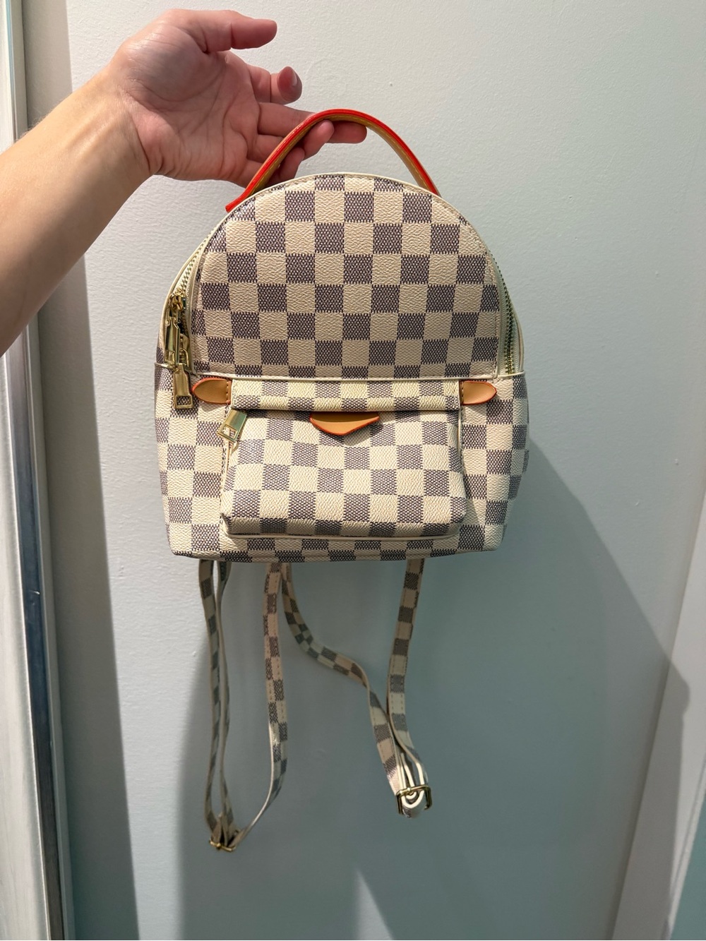 Checkerboard designer style Mini Backpack - Cream/Tan